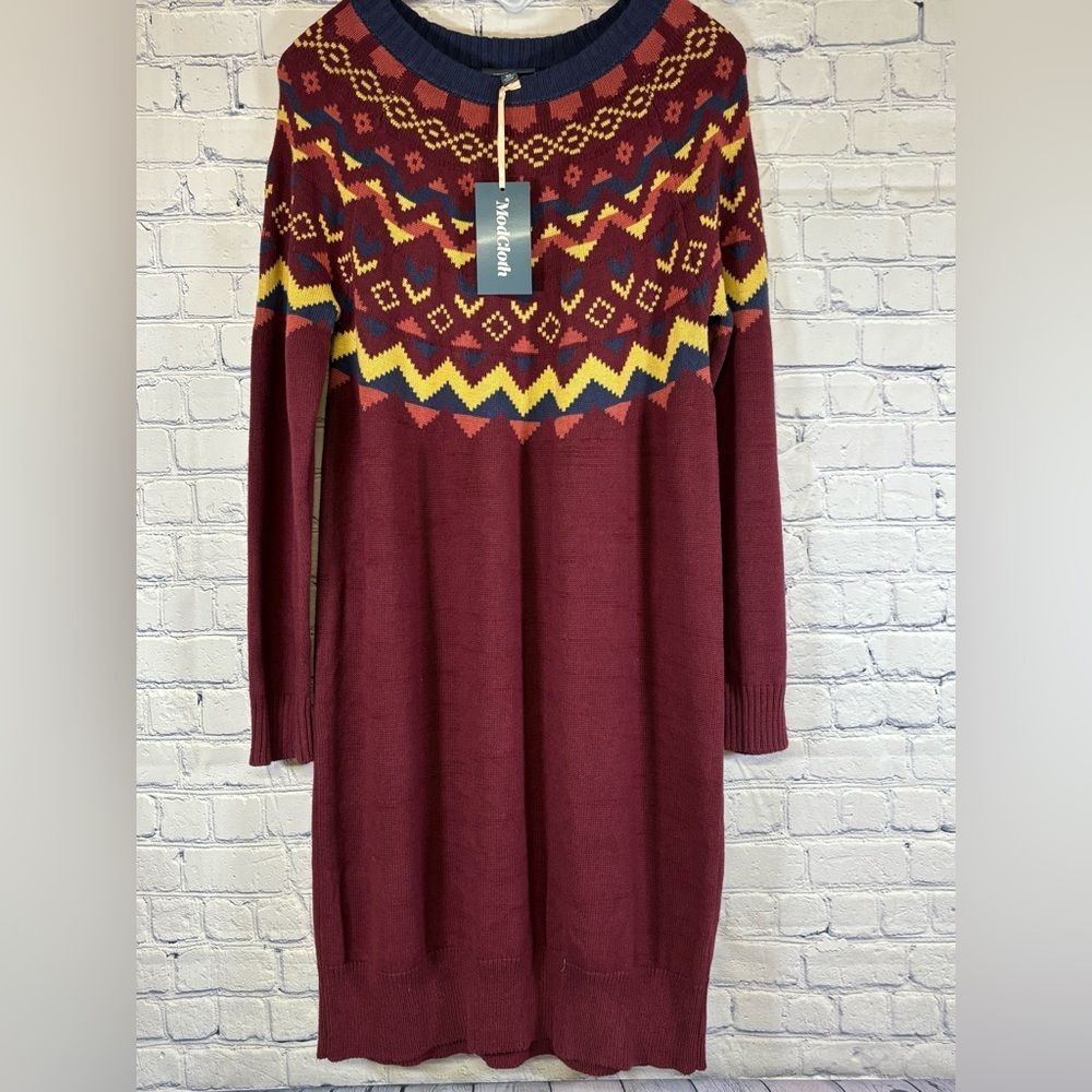 Modcloth Burgundy Fair Isle Cozy Commitment Cabincore Alpine Sweater Dress XL